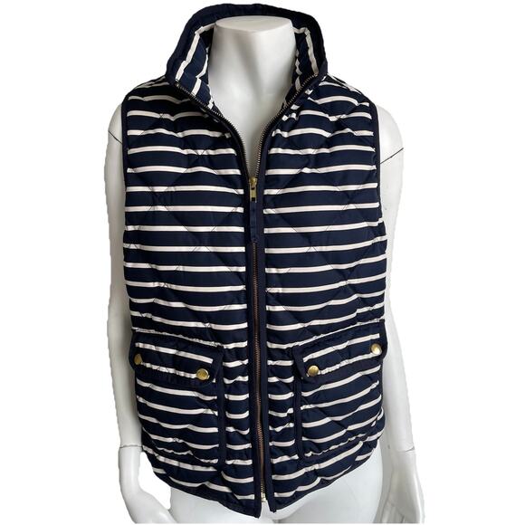 J Crew Women's Quilted Down Puffer Vest Blue & White Stripe Size Small - Picture 1 of 15